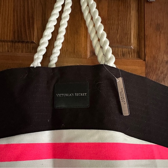 NWT Victoria's Secret Large Pink Stripef Tote Bag Rope Handles - Picture 6 of 8